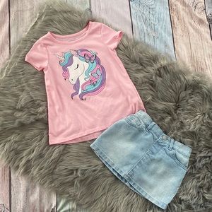 The Children’s Place Pink Unicorn Tee and Light Wash Denim Skort Size 4T